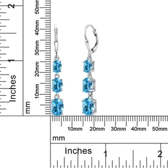 925 Sterling Silver with 6.10 Cttw 3 Stone Swiss Blue Topaz Leverback Earrings - Picture 5 of 5